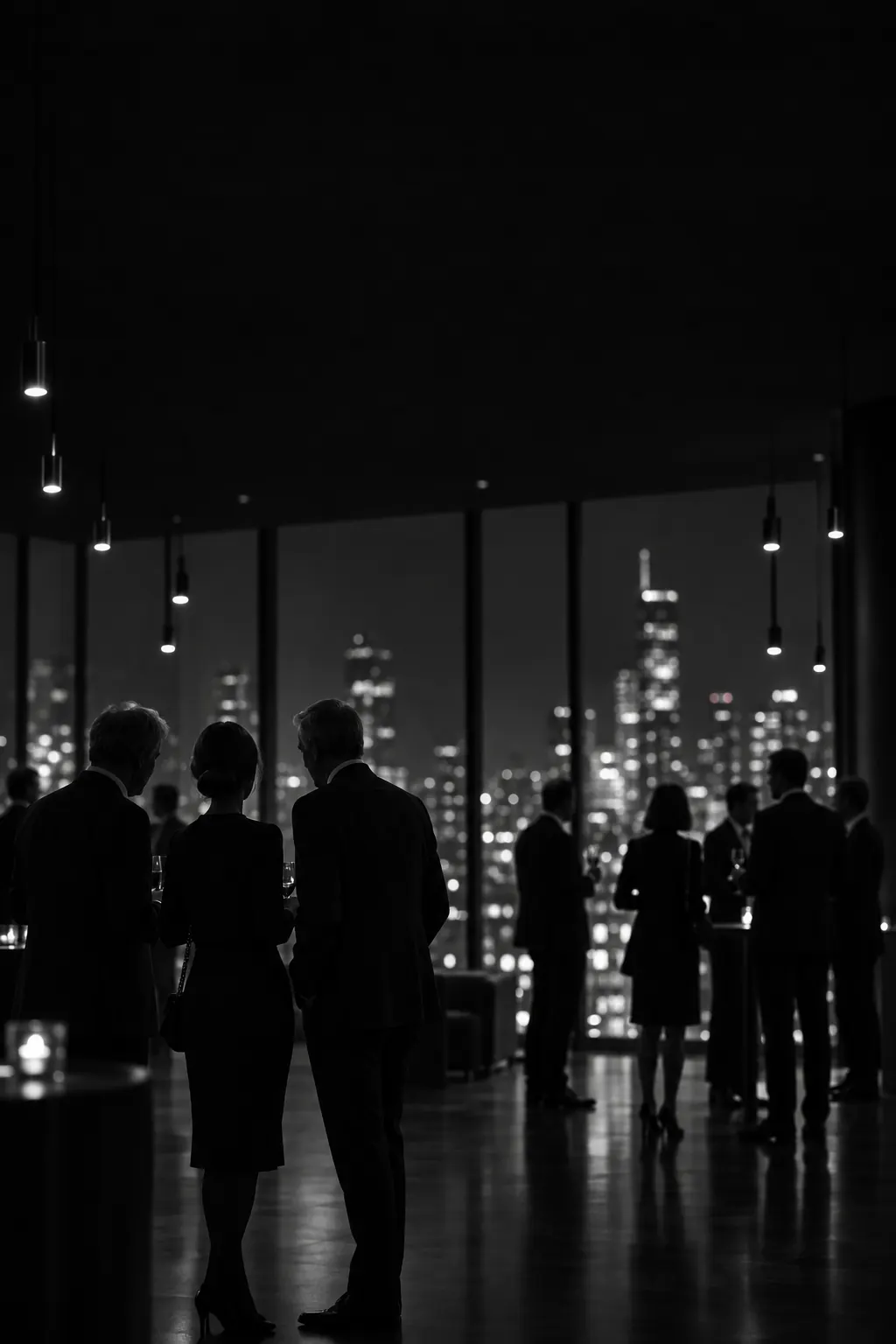 Senior leaders talking at an evening event above a city