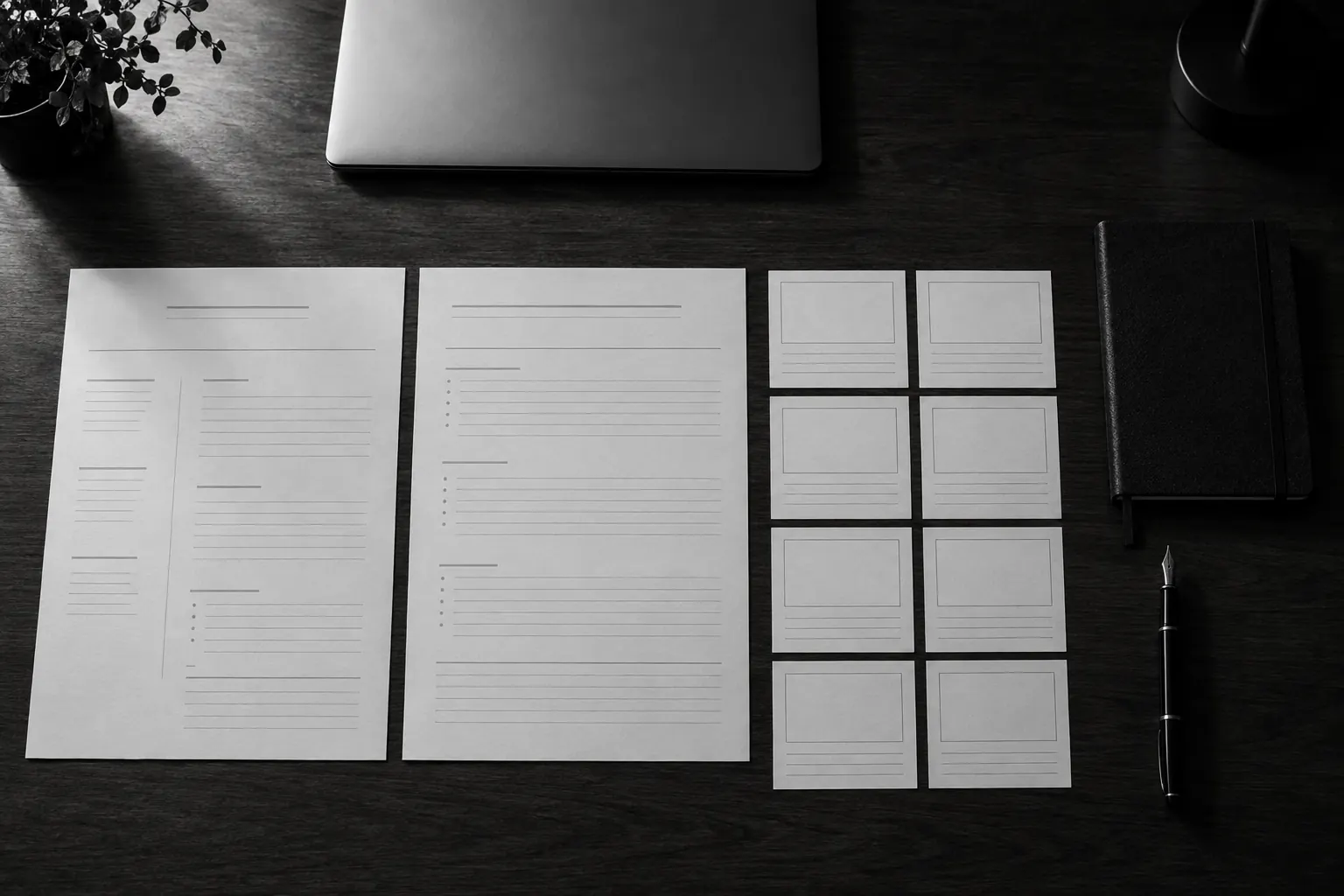 A desk laid out with CV pages and storyboard cards