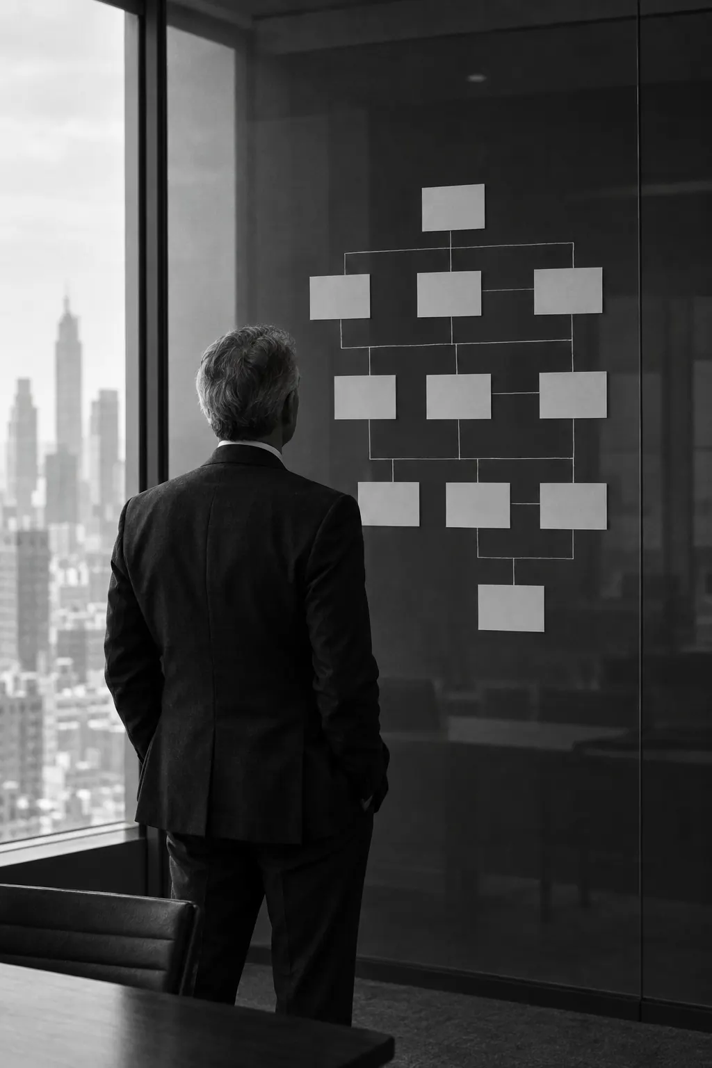 A senior executive studying a story map of blank cards on a glass wall